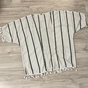Striped open kimono fringe trim